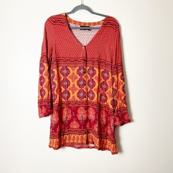 MINK PINK • Women’s Bohemian Colorful Button Down Tunic Top Size Medium - Picture 1 of 4